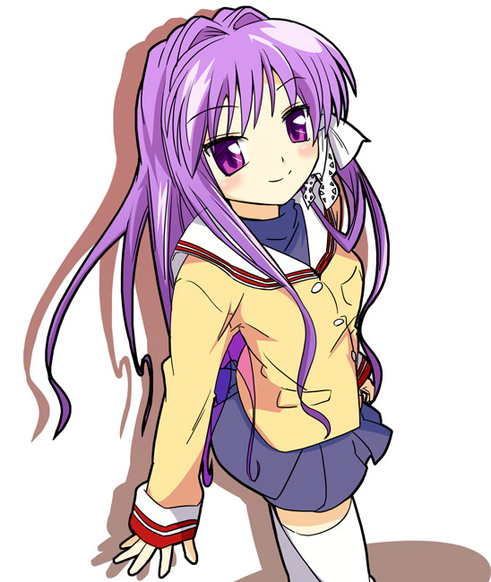 ixy, fujibayashi kyou, clannad, 00s, 1girl, female focus, hair intakes, long hair, purple eyes, purple hair, school uniform, serafuku, solo, thighhighs