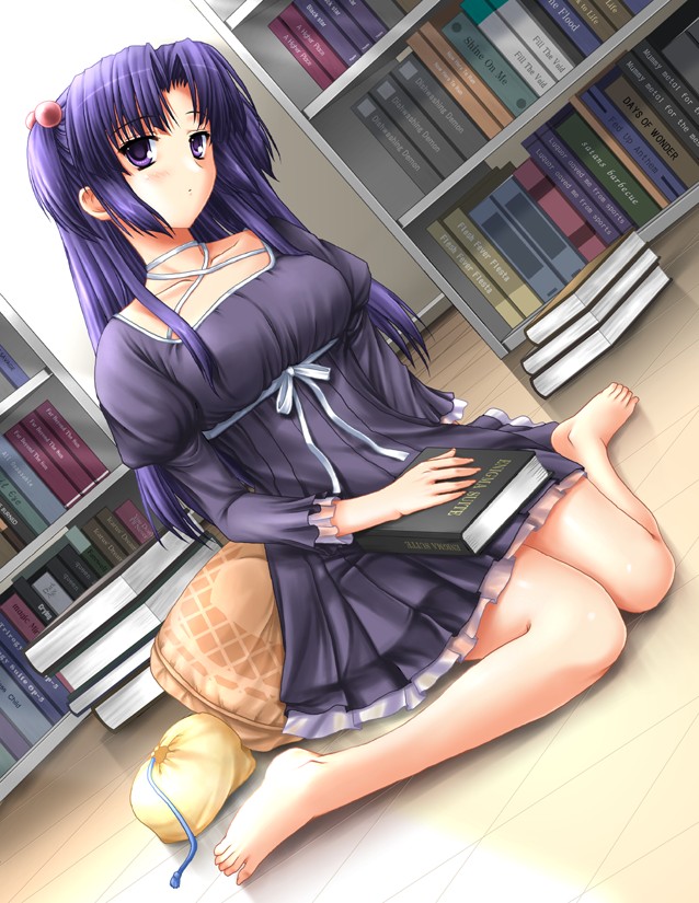 miyaga, miyai sen, ichinose kotomi, clannad, 00s, 1girl, barefoot, book, bookshelf, dress, dutch angle, feet, female focus, hair bobbles, hair ornament, indoors, long hair, purple eyes, purple hair, sitting, solo, two side up, wariza