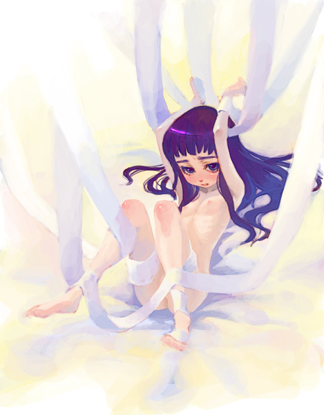 weno, copyright request, 1girl, bdsm, blue hair, bondage, bound, female focus, loli, long hair, nipples, solo