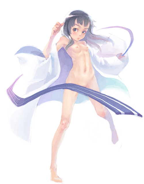 weno, original, tagme, 1girl, barefoot, black eyes, black hair, breasts, convenient censoring, female focus, loli, long hair, long sleeves, navel, nipples, nude, off shoulder, open clothes, open robe, robe, simple background, small breasts, solo, white background