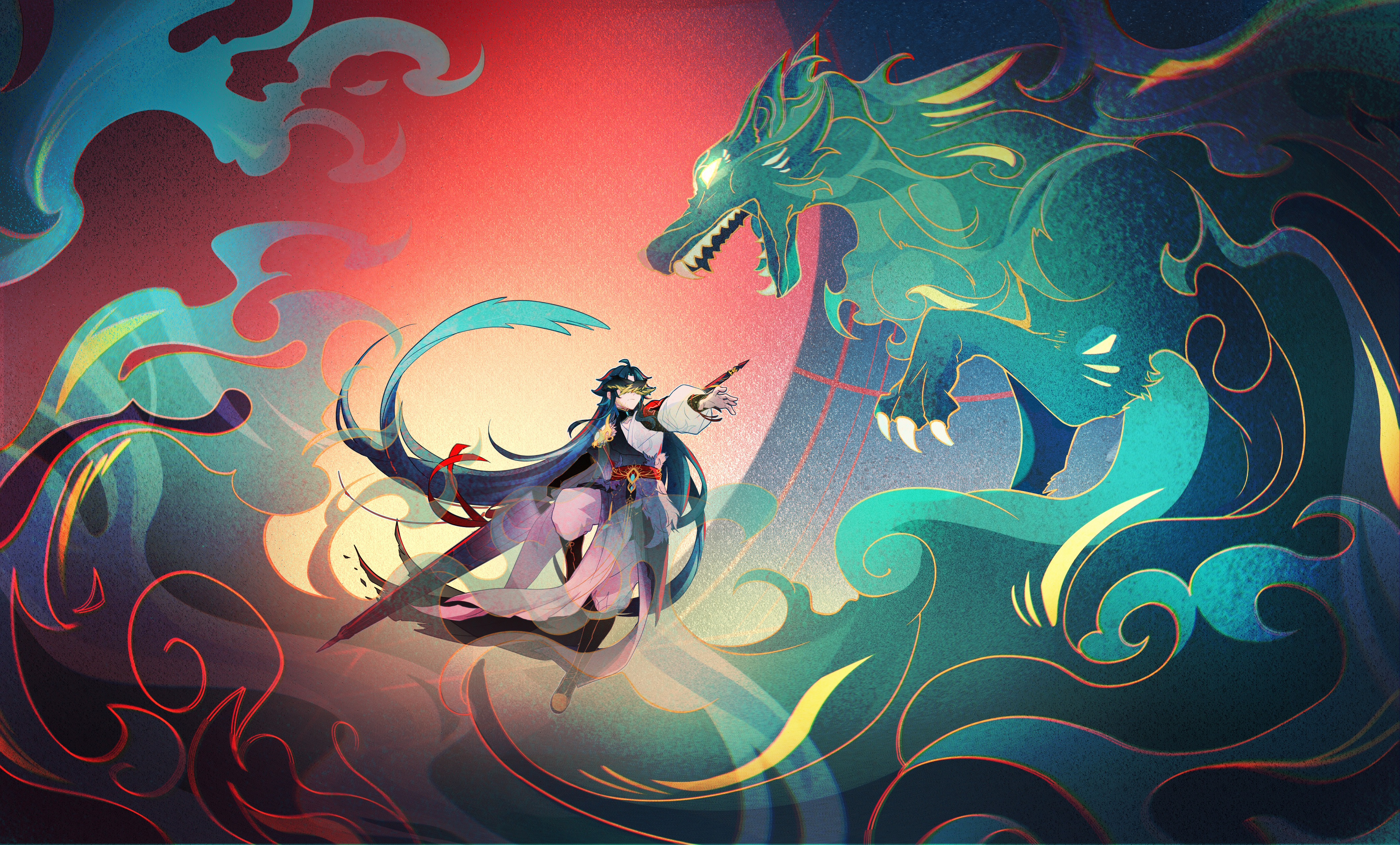 fishinthetea, xiao (genshin impact), genshin impact, absurdres, chinese commentary, highres, variant set, 1boy, alternate costume, alternate hair length, alternate hairstyle, aqua hair, aqua umbrella, armor, battle, black boots, black collar, black hair, black hands, black robe, black wings, boots, closed mouth, closed umbrella, collar, colored extremities, colored inner hair, covered eyes, curtained hair, facial mark, facial tattoo, feathered wings, fighting stance, forehead mark, full body, full moon, glowing, glowing eyes, head wings, holding, holding umbrella, knee up, long hair, long sleeves, male focus, monster, moon, multicolored hair, multicolored robe, oil-paper umbrella, outstretched arms, pants, parted bangs, pelvic curtain, puffy long sleeves, puffy sleeves, red moon, red sash, robe, sash, shoulder armor, solo, tattoo, three-quarter sleeves, two-tone wings, umbrella, umbrella ribbon, very long hair, waist sash, white pants, white robe, wide sleeves, wings, yellow wings