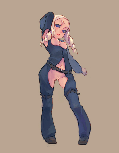 weno, 1girl, black shoes, blonde hair, breasts, brown background, drill hair, female focus, female pubic hair, framed breasts, from below, full body, legs apart, nipples, no panties, pubic hair, pussy, shoes, simple background, solo, standing, thigh strap