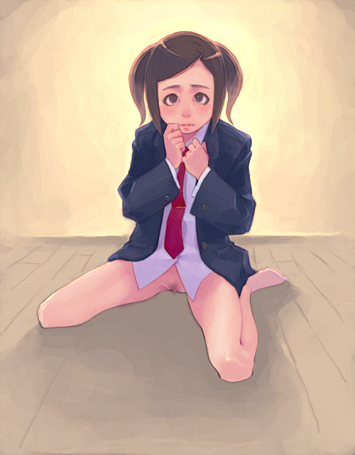 weno, 1girl, blouse, bottomless, female focus, female pubic hair, full body, gradient background, necktie, pubic hair, pussy, red necktie, school uniform, serafuku, shirt, short twintails, solo, swept bangs, tie clip, twintails, uncensored, white shirt, wooden floor