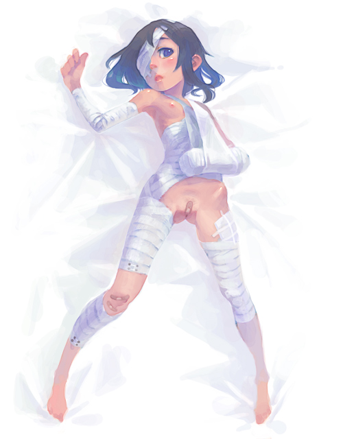 weno, original, 1girl, armpits, bandages, bandaid, bandaid on knee, bandaid on leg, bandaid on pussy, barefoot, bed sheet, black hair, blue eyes, blush, breasts, cast, female focus, flat chest, full body, hip bones, indoors, loli, looking at viewer, lying, nipples, on back, open mouth, pussy, short hair, small breasts, solo