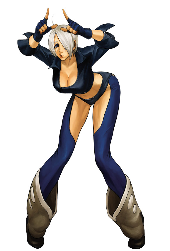 nona, angel (kof), snk, the king of fighters, the king of fighters 2001, official art, 1girl, ahoge, bent over, breasts, chaps, cleavage, female focus, fingerless gloves, gloves, large breasts, mexico, midriff, short hair, solo, white hair