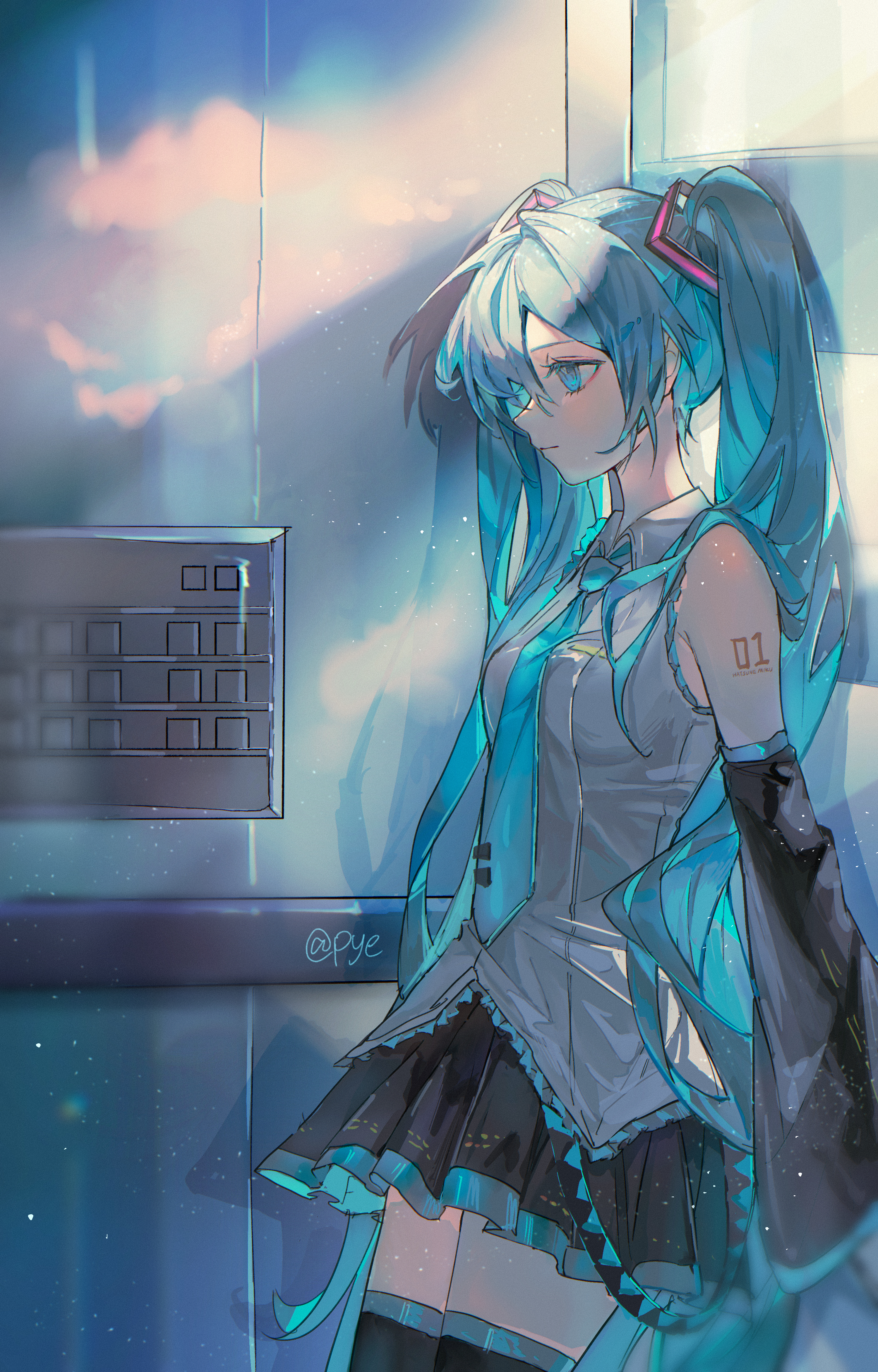 pye yyy, hatsune miku, vocaloid, absurdres, commentary request, highres, 1girl, arm tattoo, armpit peek, bare shoulders, black skirt, black sleeves, black thighhighs, blue eyes, blue hair, blue necktie, breasts, buttons, collared shirt, detached sleeves, elevator, frilled shirt, frills, glass wall, grey shirt, hair between eyes, hair ornament, hair over shoulder, hairclip, leaning back, leaning on object, long hair, looking ahead, looking to the side, medium breasts, miniskirt, necktie, number tattoo, pleated skirt, profile, shirt, shoulder tattoo, sidelocks, signature, skirt, sleeveless, sleeveless shirt, solo, striped clothes, striped skirt, striped sleeves, striped thighhighs, tattoo, thighhighs, thighs, twintails, twitter username, very long hair, wide sleeves