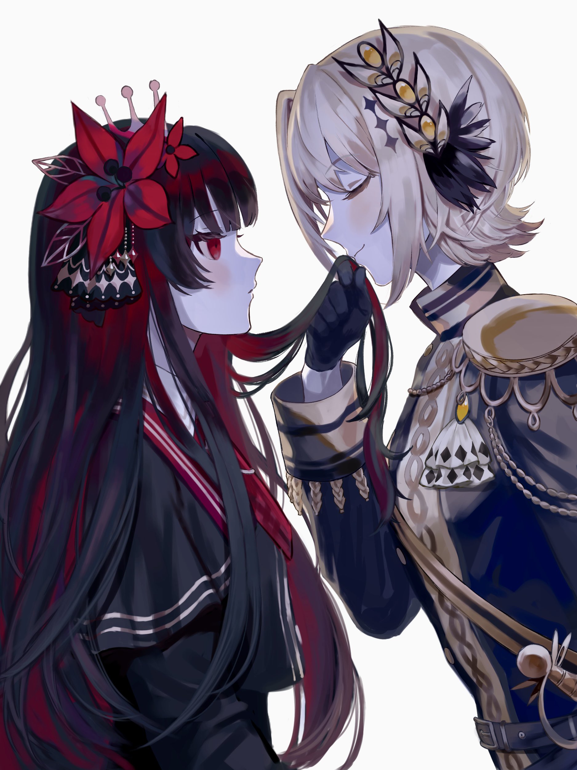 nikaidou hiro, mahou shoujo no majo saiban, absurdres, commentary request, highres, 2girls, black capelet, black gloves, black hair, blonde hair, blue jacket, capelet, closed mouth, flower, from side, gloves, hair flower, hair lift, hair ornament, hasumi reia, holding another's hair, jacket, long hair, long sleeves, looking at another, magical girl, multiple girls, necktie, profile, red eyes, red flower, red necktie, short hair, simple background, smelling, smelling hair, smile, upper body, white background, yon (lr95n), yuri