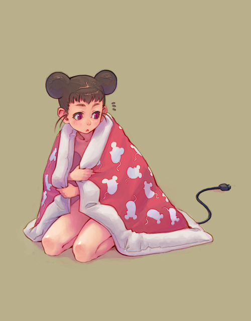 weno, ^^^, animal ears, brown hair, cable, double bun, electric plug, futon, hair bun, mouse (animal), mouse ears, new year, simple background, solo