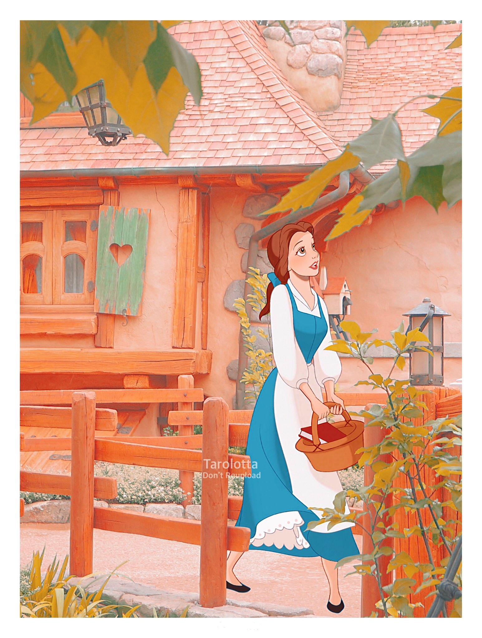 tarolotta, belle (disney), beauty and the beast (disney), highres, tagme, 1girl, animification, basket, brown eyes, brown hair, dress, full body, holding, house, leaf, long hair, looking at viewer, ponytail, smile, solo