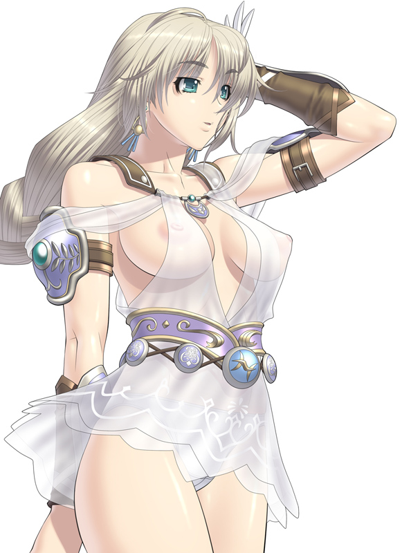 kansuke, sophitia alexandra, soul calibur, soulcalibur, soulcalibur iv, 1girl, aqua eyes, blonde hair, blonde twist, breasts, female focus, goddess bracelet, goddess headdress, goddess robe, green eyes, miniskirt, nipples, panties, pantyshot, see-through clothes, skirt, solo, underwear, upskirt