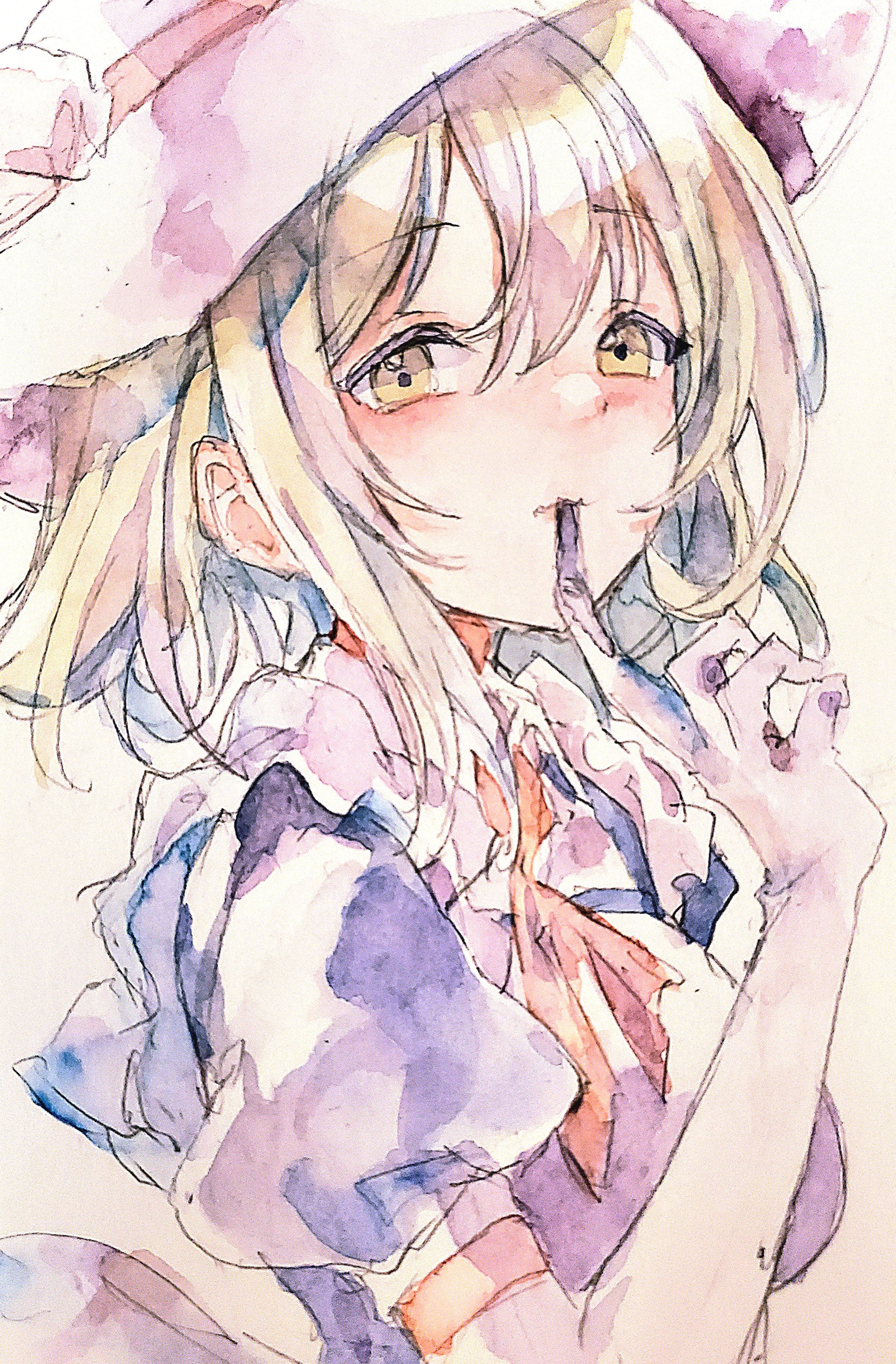 kamu kotan, kana anaberal, touhou, touhou (pc-98), absurdres, commentary, highres, traditional media, 1girl, blonde hair, blue dress, breasts, dress, elbow gloves, glove in mouth, gloves, hat, long hair, looking at viewer, mouth hold, puffy short sleeves, puffy sleeves, short sleeves, solo, white gloves, white hat, yellow eyes