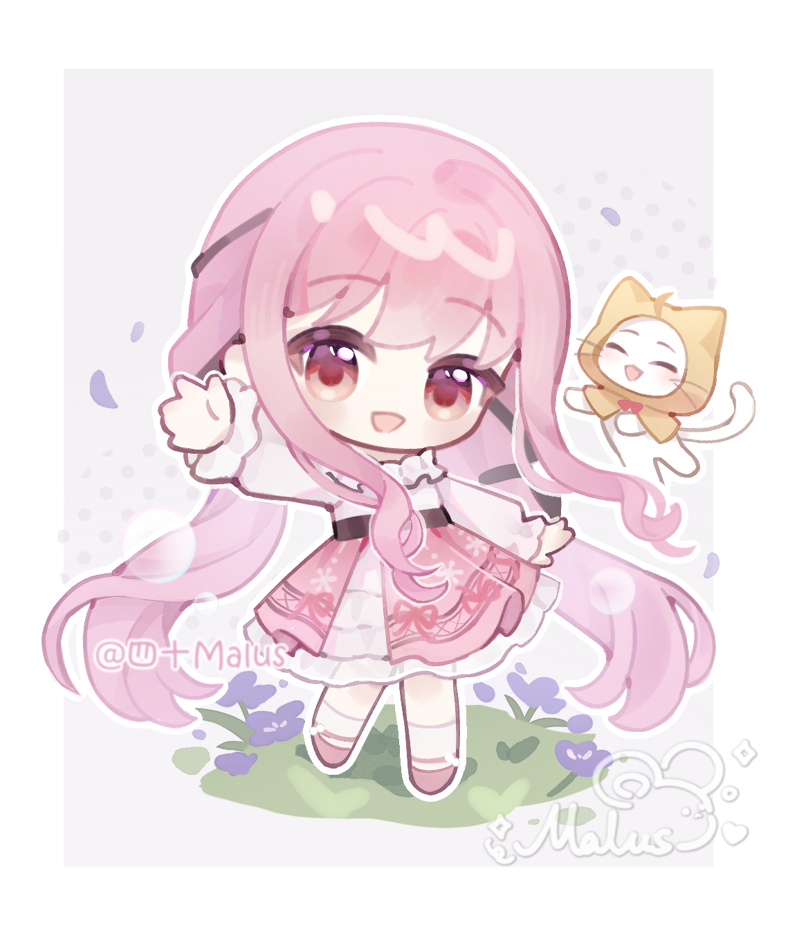 sishi malus, momo (nikki), nikki (nikki), perfect start (infinity nikki), infinity nikki, nikki (series), chinese commentary, commentary request, highres, procreate (medium), 1girl, ^ ^, absurdly long hair, animal, artist name, belt, black belt, black bow, black ribbon, border, bow, bowtie, brown eyes, bubble, cat, chibi, cloak, closed eyes, clothed animal, ear covers, flower, frilled shirt, frilled skirt, frilled sleeves, frills, grey background, hair bow, hair ribbon, halftone, halftone background, happy, high-waist skirt, hood, hood up, hooded cloak, kneehighs, layered skirt, light blush, long hair, long sleeves, low twintails, mary janes, medium skirt, off-shoulder shirt, off shoulder, open mouth, outline, outside border, outstretched arms, petals, pink hair, pink ribbon, pink shoes, pink skirt, pleated skirt, puffy long sleeves, puffy sleeves, purple flower, red bow, red bowtie, ribbon, shirt, shoes, skirt, sleeves past wrists, smile, snowflake print, socks, standing, tress ribbon, twintails, very long hair, watermark, wavy hair, whiskers, white border, white cat, white outline, white shirt, white skirt, white socks, yellow cloak