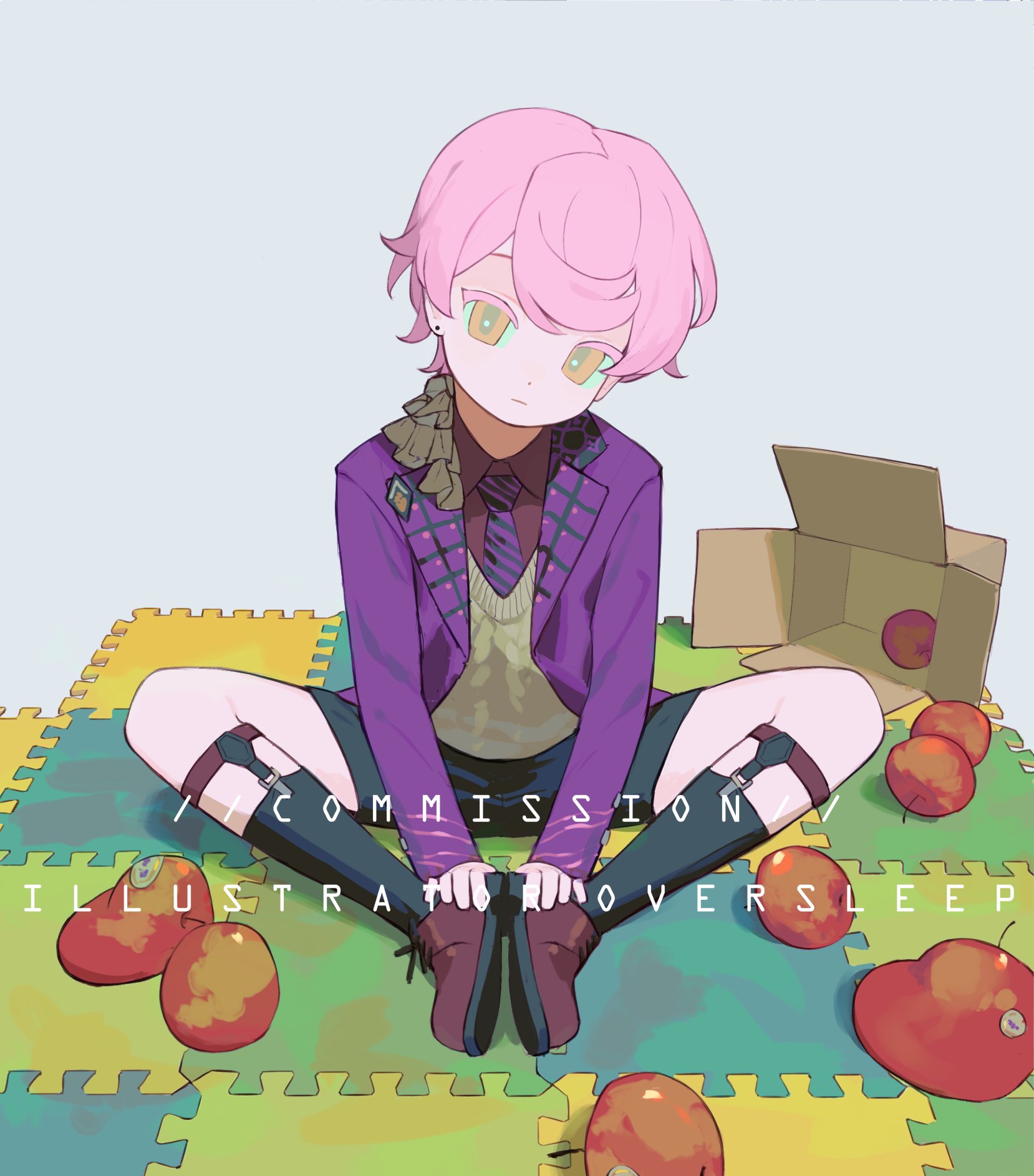 oversleep, original, highres, 1boy, apple, black socks, box, collared shirt, english text, food, fruit, full body, garter belt, garter straps, head tilt, jacket, legwear garter, long sleeves, looking at viewer, multicolored eyes, necktie, on floor, open clothes, open jacket, orange eyes, pink hair, purple jacket, purple necktie, puzzle, puzzle piece, red shirt, shirt, shoes, short hair, sitting, socks, striped necktie, sweater vest, vest