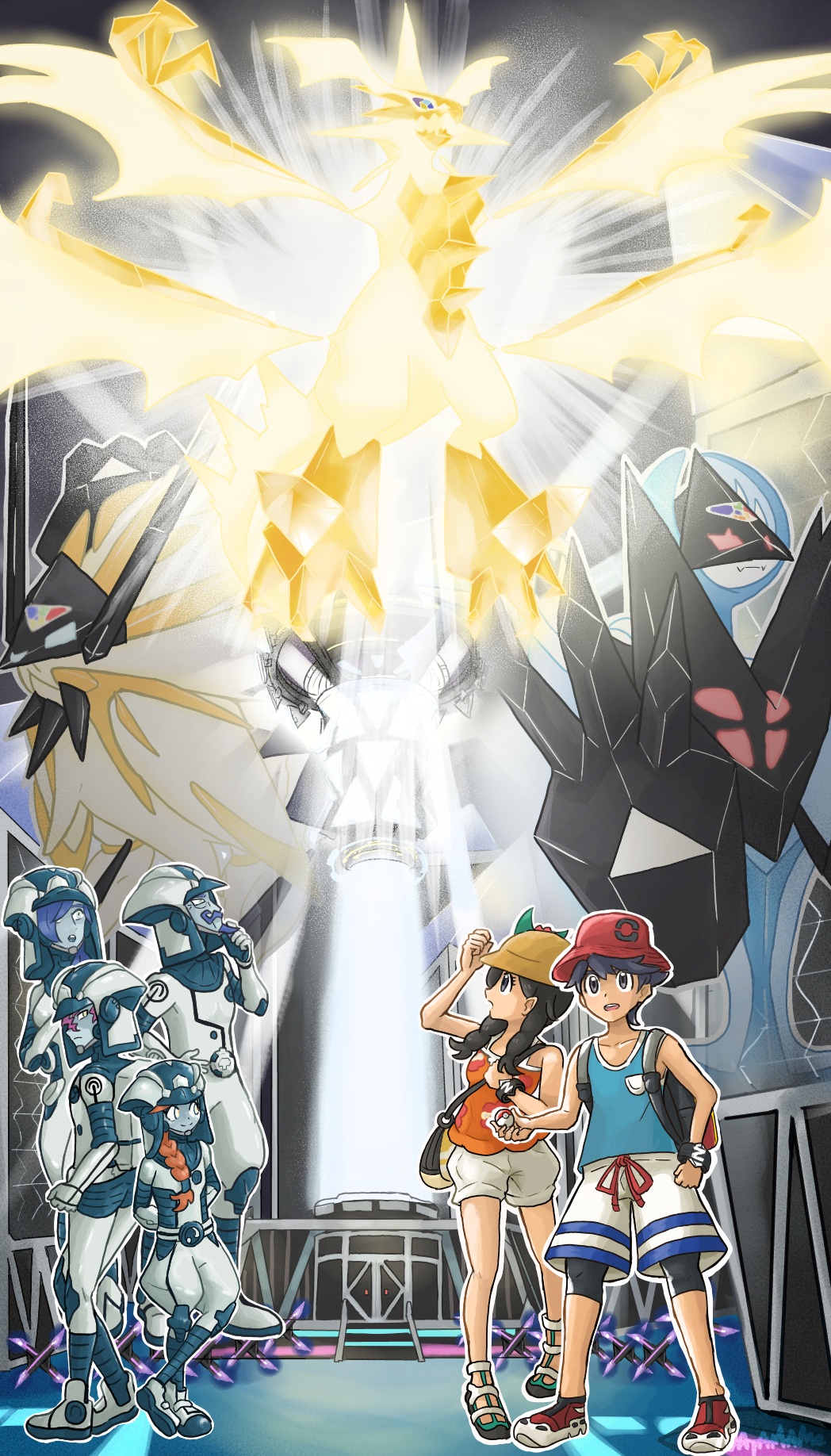 dulse (pokemon), elio (pokemon), necrozma, necrozma (dawn wings), necrozma (dusk mane), necrozma (ultra), phyco (pokemon), selene (pokemon), soliera (pokemon), zossie (pokemon), nintendo, pokemon, pokemon usum, commentary request, highres, 3boys, 3girls, :o, arms behind back, backpack, bag, black eyes, black hair, blue hair, blue shirt, blue skin, bracelet, braid, brown hat, bucket hat, claws, clenched hand, closed mouth, colored skin, dragon, dragon wings, eyelashes, facial hair, fangs, gen 7 pokemon, glowing, goatee, hair over one eye, hand on own chin, hand on own hip, handbag, hat, helmet, hinatama poke, holding, holding poke ball, holding strap, jewelry, legendary pokemon, long hair, looking up, medium hair, multiple boys, multiple girls, multiple wings, mustache, open mouth, orange hair, orange shirt, outline, poke ball, poke ball (basic), pokemon (creature), purple hair, red hat, red shoes, sandals, shirt, shoes, short hair, shorts, single braid, skin fangs, sleeveless, sleeveless shirt, smile, standing, teeth, twin braids, ultra recon squad uniform, upper teeth only, white helmet, white outline, white shorts, wings, z-ring