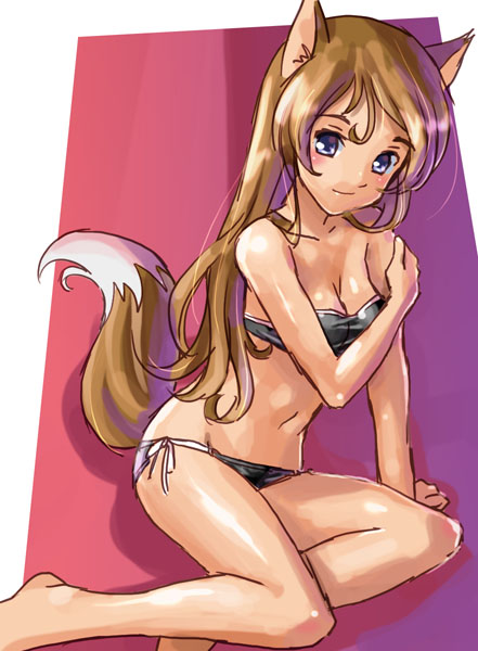katahira masashi, animal ears, bandeau bikini, barefoot, bikini, black bikini, fox ears, fox tail, side-tie bikini bottom, solo, swimsuit, tail