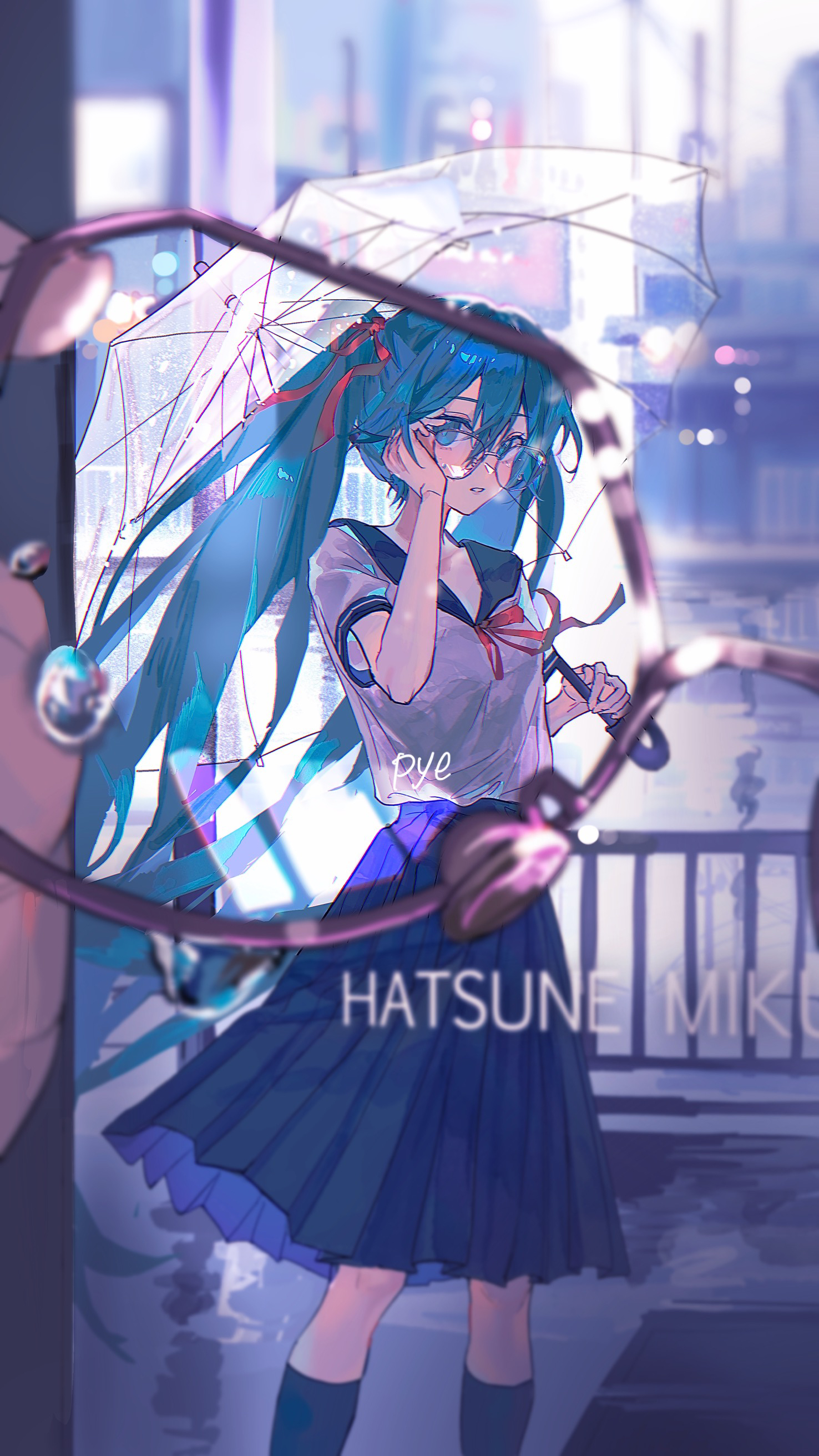 pye yyy, hatsune miku, vocaloid, absurdres, commentary request, highres, 1girl, 1other, adjusting eyewear, artist name, bespectacled, black-framed eyewear, black sailor collar, black skirt, black socks, blue eyes, blue hair, blurry, blurry background, breasts, car, character name, chromatic aberration, city, double-parted bangs, feet out of frame, glasses, hair between eyes, hand up, holding, holding umbrella, kneehighs, long hair, looking at viewer, medium skirt, motor vehicle, outdoors, parted lips, pleated skirt, pov, rain, red ribbon, ribbon, round eyewear, sailor collar, school uniform, shirt, shirt tucked in, short sleeves, skirt, sky, small breasts, socks, solo focus, standing, transparent, transparent umbrella, twintails, umbrella, very long hair, white shirt, white sky
