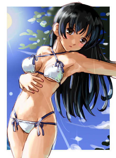 katahira masashi, 1girl, armpits, bikini, black hair, brown eyes, cowboy shot, day, female focus, long hair, outdoors, sky, solo, swimsuit, white bikini