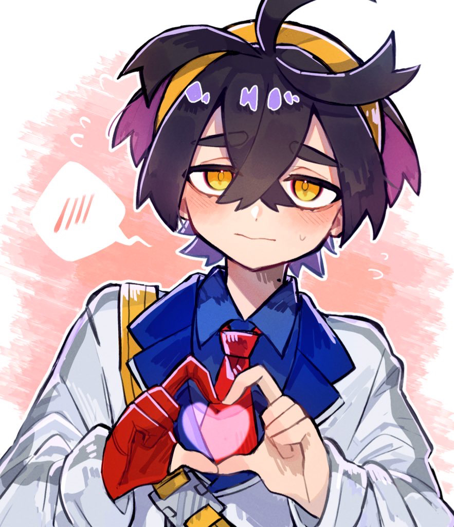kieran (pokemon), nintendo, pokemon, pokemon sv, commentary request, 1boy, black hair, blue shirt, blush, closed mouth, collared shirt, finger heart, flying sweatdrops, gloves, hair between eyes, hairband, heart, jacket, long sleeves, looking at viewer, male focus, mole, mole on neck, multicolored hair, orange hairband, partially fingerless gloves, purple hair, red gloves, shirt, simple background, solo, spoken blush, sweat, tama chan022, upper body, white jacket, yellow eyes