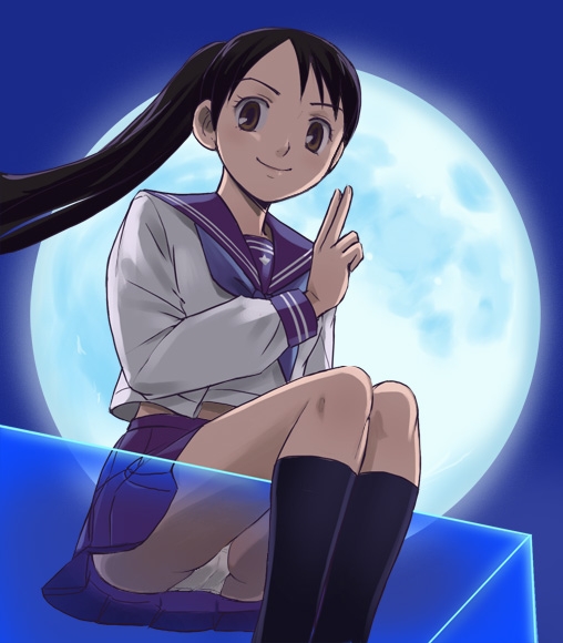 haruyama kazunori, yukimura tokine, kekkaishi, 00s, 1girl, black hair, brown eyes, cameltoe, female focus, long hair, moon, panties, pantyshot, pleated skirt, ponytail, sailor collar, school uniform, serafuku, sitting, skirt, sky, smile, socks, solo, thighs, underwear