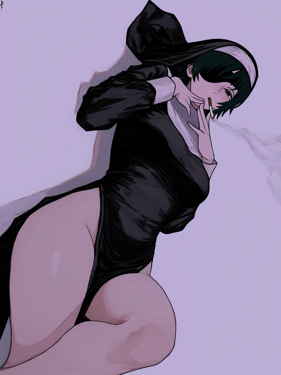 himeno (chainsaw man), chainsaw man, commentary, english commentary, highres, 1girl, alternate costume, black dress, black eyes, black hair, black veil, cigarette, dress, eyepatch, grey background, groin, hands up, hshhs20679, long sleeves, looking at viewer, lying, nun, on back, side slit, simple background, smoke, smoke trail, smoking, solo, thighs, veil