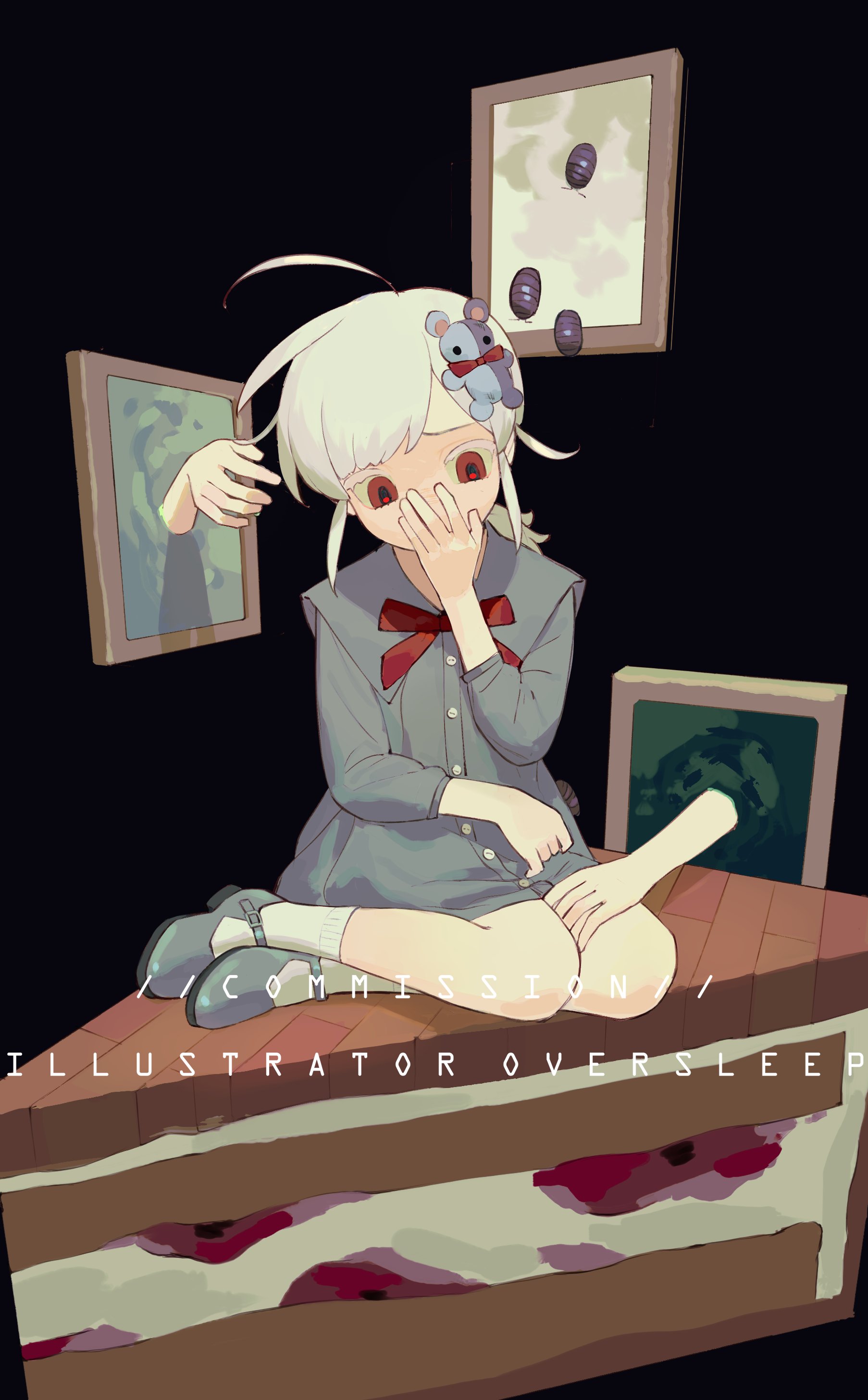 oversleep, original, absurdres, highres, 1girl, ahoge, bow, dress, english text, full body, grey dress, hair ornament, hand on own face, long hair, long sleeves, looking down, mary janes, on floor, picture frame, red bow, red eyes, shoes, sitting, socks, white hair, white socks, wooden floor