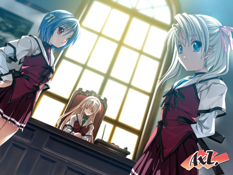 senomoto hisashi, kasugazaki yukino, shinjou marina, tsubakihara ren, koisuru otome to shugo no tate, silver hair, lowres, 3girls, blonde hair, blue eyes, blue hair, book, bookshelf, brown eyes, desk, dress, hands on own hips, indoors, long hair, long sleeves, looking at viewer, multiple girls, office, red dress, school uniform, serafuku, shelf, standing, table, very long hair
