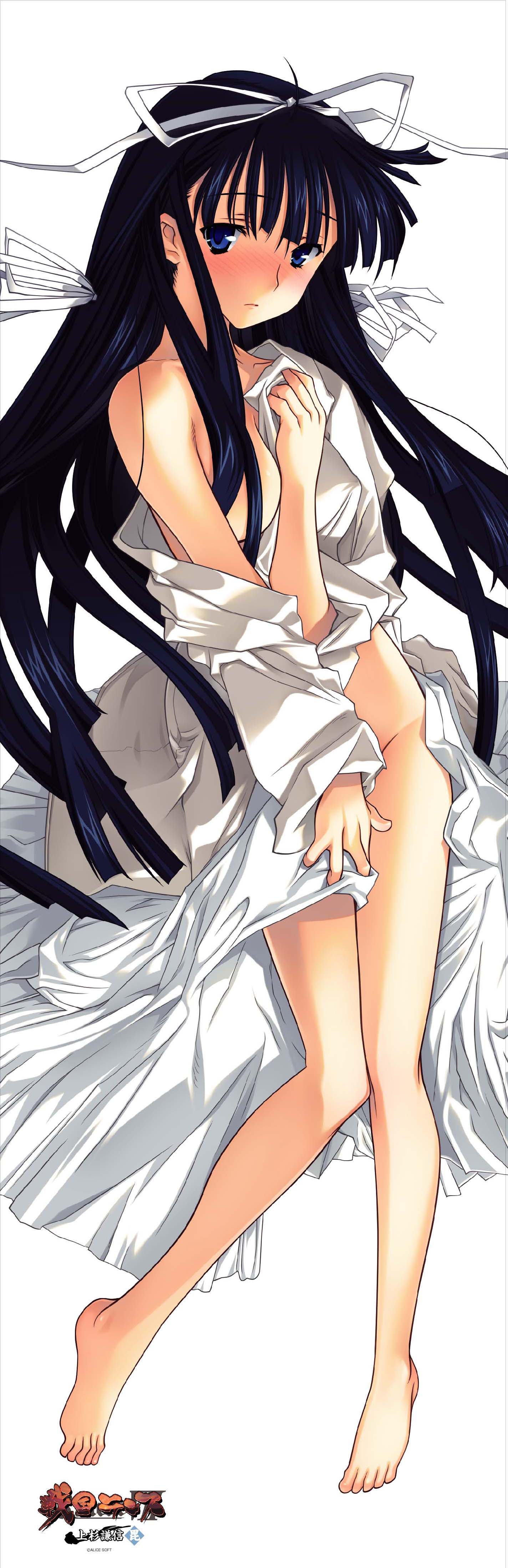 orion (orionproject), uesugi kenshin (rance), rance (series), sengoku rance, absurdres, highres, long image, tall image, 1girl, barefoot, black hair, blue eyes, blush, feet, female focus, long hair, no bra, open clothes, open shirt, ribbon, shirt, solo