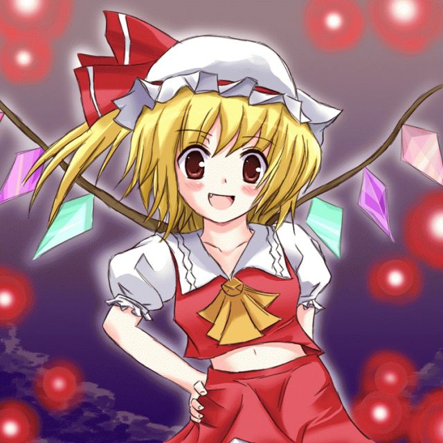 flandre scarlet, touhou, 1girl, ascot, blonde hair, blouse, crystal, fang, female focus, hand on own hip, hat, mob cap, red eyes, shirt, solo, white shirt, wings, yellow ascot