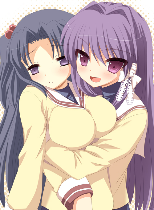 fujibayashi kyou, ichinose kotomi, clannad, 00s, 2girls, breasts, hair intakes, long hair, multiple girls, purple eyes, purple hair, school uniform, serafuku, twintails, two side up