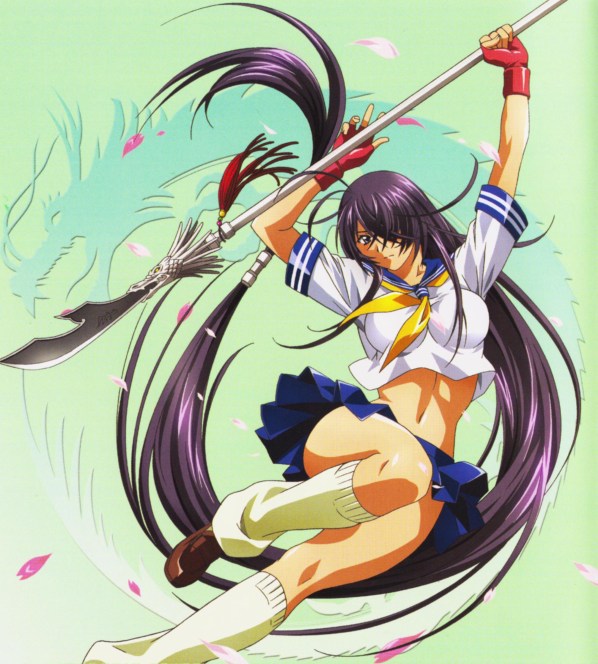 rin-sin, kan'u unchou, ikkitousen, ikkitousen dragon destiny, highres, official art, scan, 00s, 1girl, antenna hair, arms up, beads, breasts, cherry blossoms, convenient leg, crop top, crop top overhang, dragon, female focus, fingerless gloves, floating hair, full body, gloves, gradient background, green background, guan dao, hair over one eye, holding, holding weapon, kneehighs, large breasts, leg lift, loafers, long hair, looking at viewer, loose socks, low-tied long hair, midriff, miniskirt, naginata, navel, neckerchief, petals, pleated skirt, polearm, purple hair, red gloves, school uniform, serafuku, shirt, shoes, short sleeves, sidelocks, skirt, sleeve cuffs, socks, solo, spear, tan, taut clothes, taut shirt, very long hair, weapon, white socks