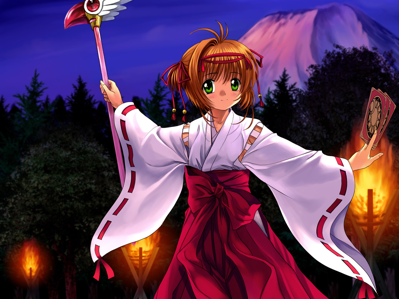 mutsuki (moonknives), clow card, kinomoto sakura, cardcaptor sakura, kodansha, 1990s (style), 1girl, blush, brown hair, card, child, female focus, fuuin no tsue, green eyes, hakama, hakama skirt, holding, holding card, japanese clothes, magical girl, miko, red hakama, retro artstyle, skirt, solo