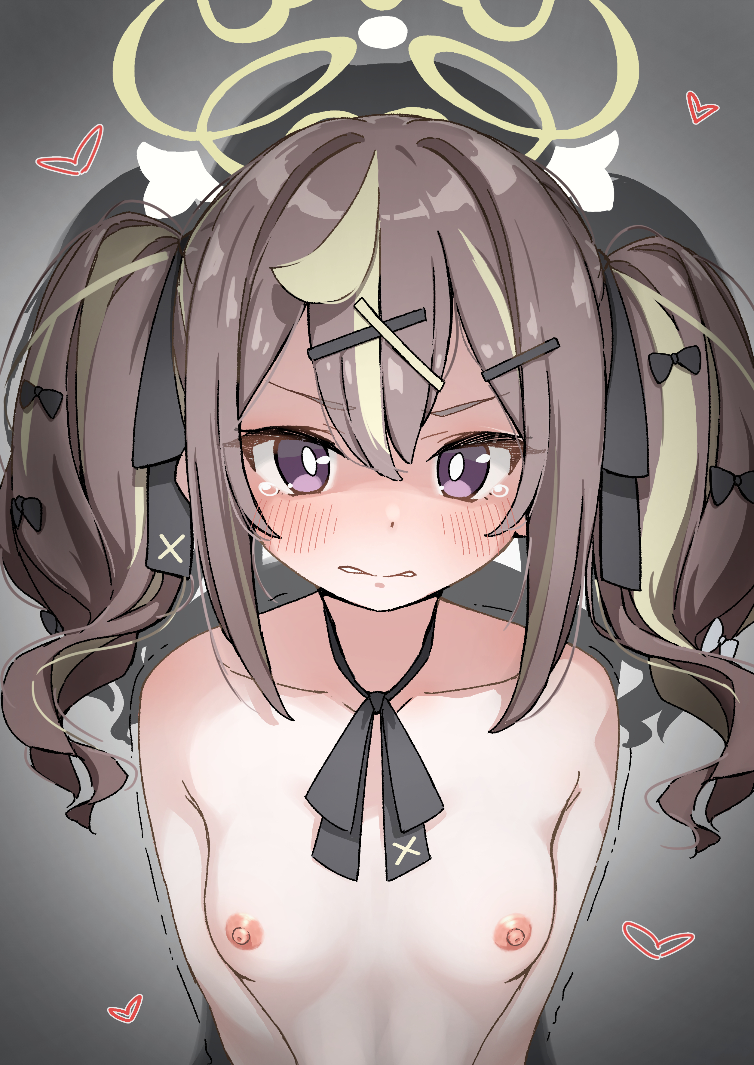 rena (blue archive), blue archive, absurdres, highres, 1girl, blush, breasts, brown hair, halo, heart, long hair, multicolored hair, naked ribbon, nipples, nude, pasties, purple eyes, ribbon, small breasts, solo, twintails, two-tone hair, upper body, user fgar5488