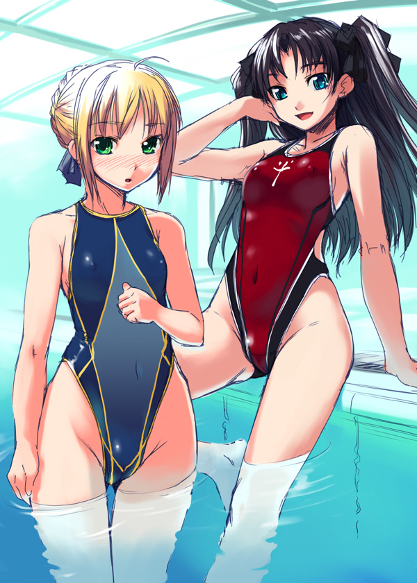 bosshi, artoria pendragon (fate), saber (fate), tohsaka rin, fate/stay night, fate (series), 00s, 2girls, adjusting hair, ahoge, alternate costume, bare shoulders, barefoot, black hair, blonde hair, blue eyes, blush, breasts, competition swimsuit, covered erect nipples, covered navel, flat chest, green eyes, hair bun, hair up, highleg, highleg one-piece swimsuit, leg lift, long hair, long legs, looking at viewer, medium breasts, multiple girls, one-piece swimsuit, open mouth, pool, single hair bun, sketch, small breasts, swimsuit, thigh gap, thighs, twintails, two side up, wading, water