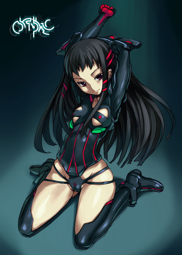 bosshi, jakuri (ar tonelico), ar tonelico, ar tonelico ii, gust, striped, 00s, 1girl, arm behind head, armor, armpits, arms up, black boots, black hair, black theme, black thighhighs, bodysuit, boots, breastplate, breasts, cameltoe, clenched hand, clothing cutout, female focus, flat chest, full body, gloves, gradient background, groin, head tilt, leotard, light smile, long hair, looking at viewer, multicolored hair, pauldrons, purple eyes, red eyes, shoulder armor, sidelocks, sitting, small breasts, smile, solo, streaked hair, stretching, thigh boots, thighhighs, two-tone hair, underboob, underboob cutout, vambraces, vertical stripes, very long hair, wariza
