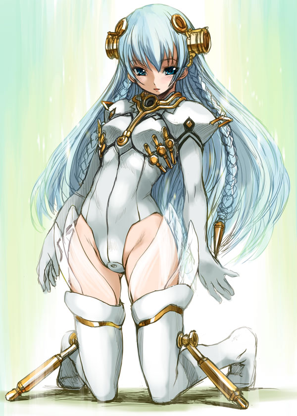bosshi, shurelia (ar tonelico), ar tonelico, ar tonelico i, gust, 00s, 1girl, :d, aqua background, blue eyes, blue hair, blush, boots, braid, breasts, elbow gloves, female focus, full body, gloves, gradient background, groin, hair ornament, headgear, highleg, highleg leotard, kneeling, leotard, long hair, looking at viewer, matching hair/eyes, open mouth, see-through clothes, shadow, sketch, small breasts, smile, solo, thigh boots, thighhighs, turtleneck, twin braids, very long hair, white boots, white gloves, white hair, white thighhighs