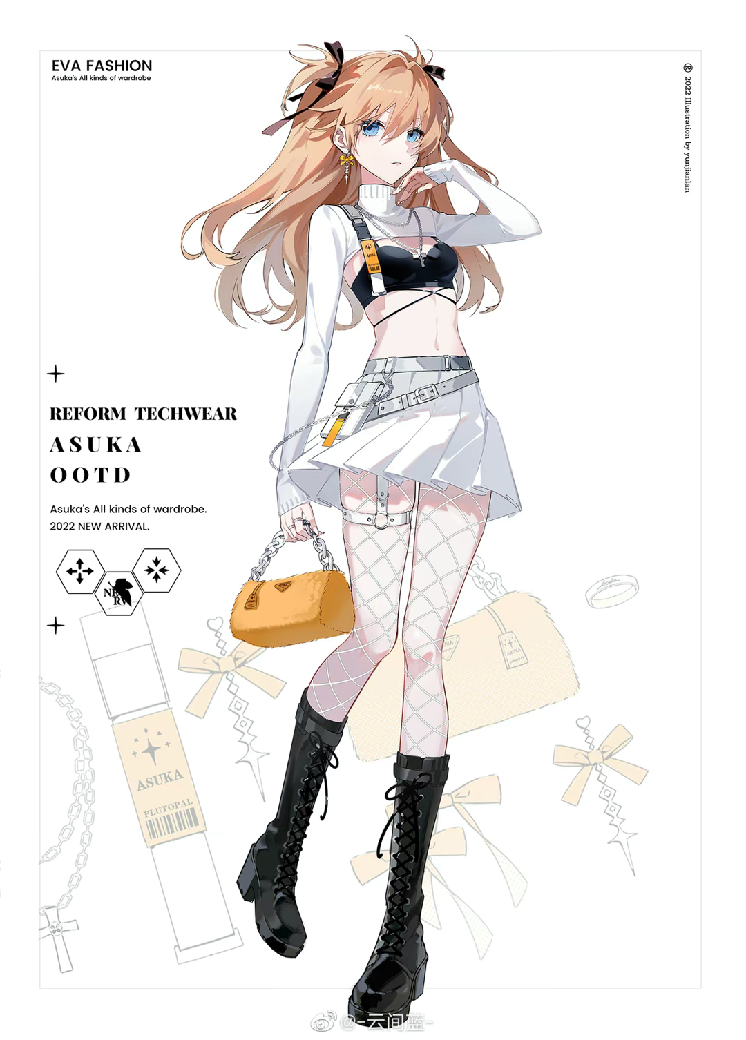 zhanzhan lan, souryuu asuka langley, neon genesis evangelion, highres, bag, bikini, black bikini, blonde hair, blue eyes, fishnets, holding, holding bag, skirt, swimsuit, white background, white skirt