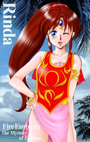 hissaa (starlight express), linde (fire emblem), fire emblem, fire emblem: mystery of the emblem, nintendo, blue eyes, brown hair, long hair, ponytail, wink