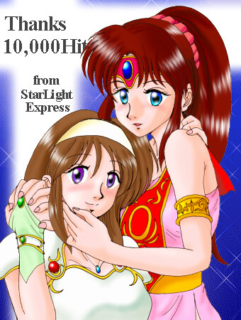 hissaa (starlight express), linda (fire emblem: genealogy of the holy war), linde (fire emblem), fire emblem, fire emblem: genealogy of the holy war, fire emblem: mystery of the emblem, nintendo, hand on shoulder, lowres, 2girls, armor, bare shoulders, blue eyes, breastplate, brown hair, gloves, hairband, hand on another's face, holding hands, jewelry, long hair, multiple girls, necklace, open mouth, ponytail, purple eyes, red hair, smile, tiara, yuri