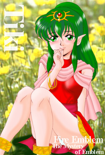 hissaa (starlight express), tiki (fire emblem), tiki (young) (fire emblem), fire emblem, fire emblem: mystery of the emblem, fire emblem: shadow dragon, nintendo, lowres, 1girl, female focus, green eyes, green hair, long hair, matching hair/eyes, outdoors, pointy ears, ponytail, solo