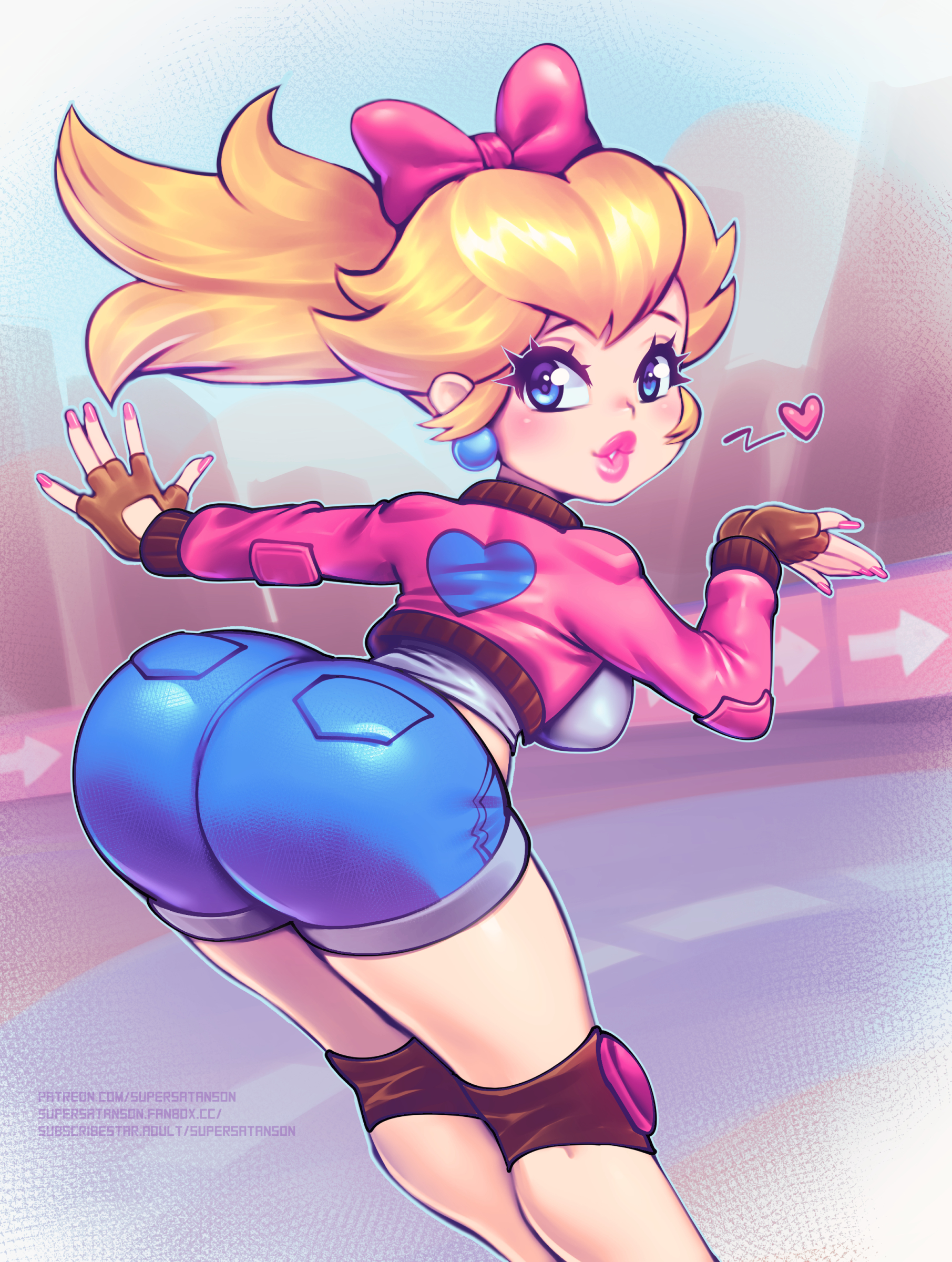 supersatanson, princess peach, princess peach (touring), mario (series), mario kart, mario kart world, nintendo, big breasts, female, 1girl, ass, blonde hair, blowing kiss, breasts, denim, denim shorts, huge ass, large breasts, looking at viewer, looking back, official alternate costume, presenting, presenting ass, puckered lips, shorts, sideboob