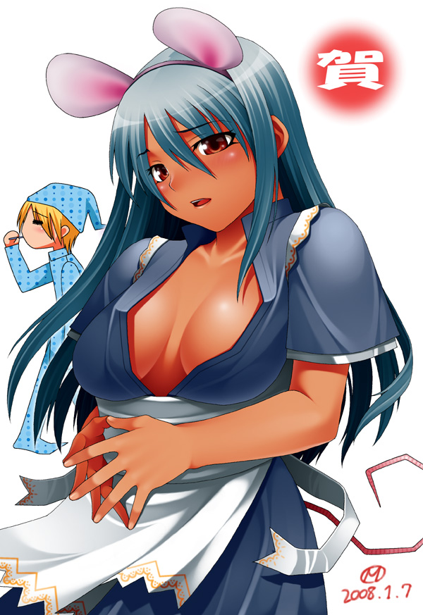 mitsuba minoru, original, 1boy, 1girl, animal ears, blonde hair, blush, breasts, closed eyes, dark skin, long hair, maid, mouse ears, mouse tail, tail, tan, waitress