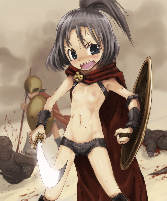 kikai (akita morgue), spartan, 300 (movie), 1boy, 1girl, angry, aspis, battle, blood, blush, buckler, cape, corpse, flat chest, foreshortening, helmet, hoplite, impaled, kopis, loli, nipples, parody, polearm, scared, shield, solo focus, spear, stab, sweat, sword, topless female, weapon