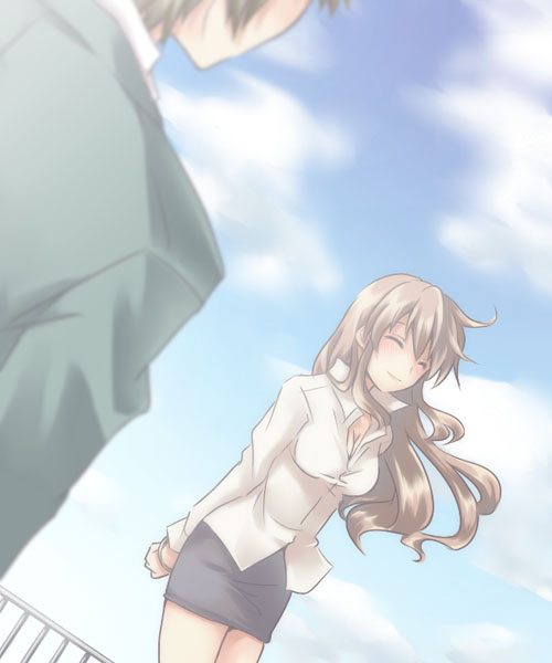 ateru, asahina mikuru, asahina mikuru (adult), suzumiya haruhi no yuuutsu, 00s, 1boy, 1girl, aged up, arms behind back, bracelet, breasts, cleavage, closed eyes, cloud, day, jewelry, long hair, medium breasts, pencil skirt, skirt, sky, smile