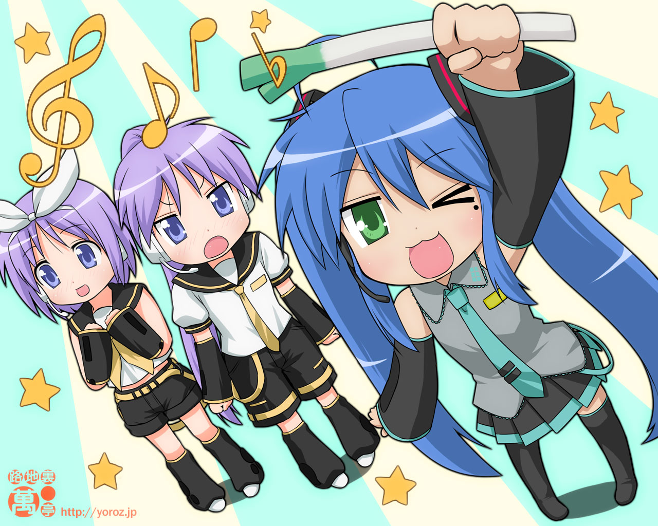 nagian, hatsune miku, hiiragi kagami, hiiragi tsukasa, izumi konata, kagamine len, kagamine rin, lucky star, vocaloid, 3girls, blue hair, cosplay, hatsune miku (cosplay), kagamine len (cosplay), kagamine rin (cosplay), mole, mole under eye, multiple girls, sisters, spring onion, thighhighs, twins, twintails
