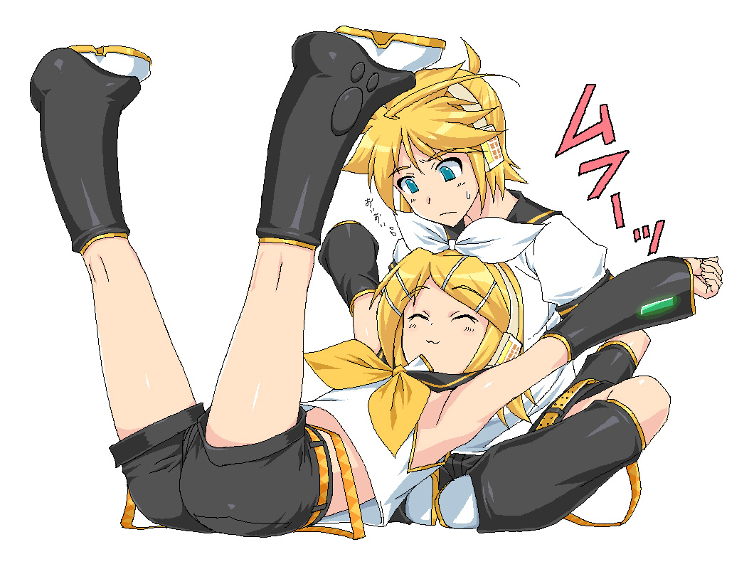 shichimenchou, kagamine len, kagamine rin, vocaloid, 00s, 1boy, 1girl, :3, armpits, blonde hair, blue eyes, brother and sister, leg warmers, legs up, school uniform, serafuku, siblings, twins