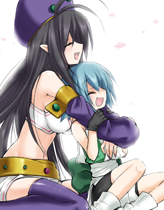 kooriyama ichirou, koriyama shashi, 2girls, elf, fang, fangs, gradient background, hug, multiple girls, pointy ears, thighhighs