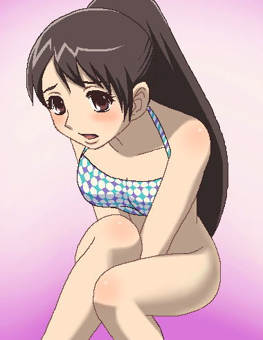yukimura tokine, kekkaishi, jpeg artifacts, lowres, 00s, 1girl, black hair, blush, bottomless, bra, embarrassed, female focus, lingerie, long hair, no panties, oekaki, open mouth, ponytail, red eyes, sitting, solo, underwear