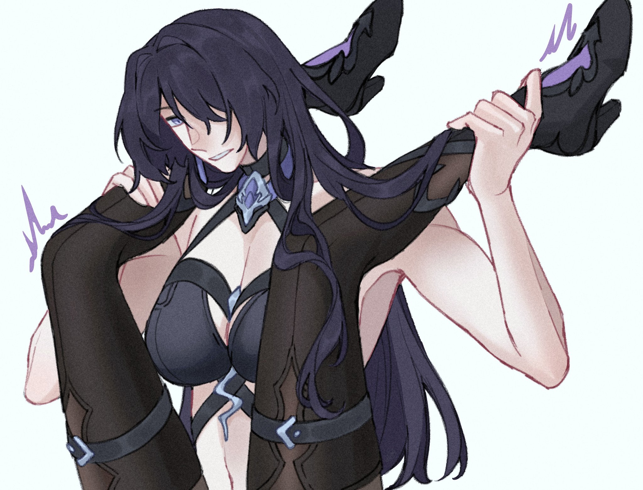 charathegay, acheron (honkai: star rail), black swan (honkai: star rail), honkai: star rail, honkai (series), highres, 2girls, ankle grab, assertive female, black choker, breasts, choker, cleavage, folded, hair over one eye, holding, holding legs, implied tribadism, large breasts, legs up, long hair, multiple girls, purple eyes, purple hair, spread legs, tribadism, very long hair, yuri