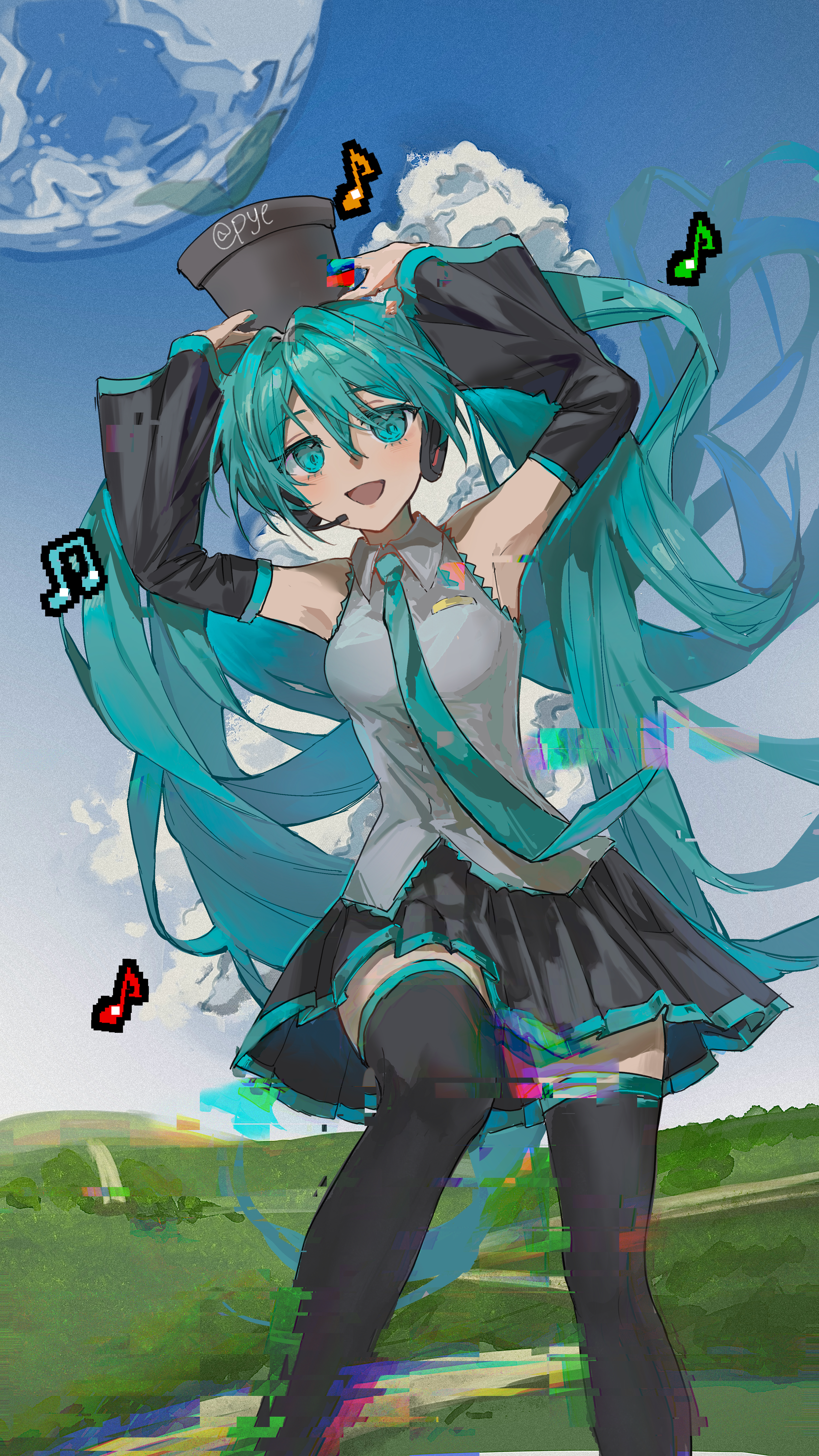 pye yyy, hatsune miku, vocaloid, absurdres, commentary request, highres, 1girl, :d, aqua eyes, aqua hair, aqua nails, aqua necktie, aqua trim, armpits, arms up, artist name, bare shoulders, black skirt, black sleeves, black thighhighs, breasts, cloud, collared shirt, cumulonimbus cloud, day, detached sleeves, double-parted bangs, earth (planet), feet out of frame, film grain, flower pot, frilled shirt, frills, grass, grey shirt, hair between eyes, hair intakes, headphones, holding, holding flower pot, long hair, long sleeves, looking at viewer, miniskirt, musical note, nail polish, necktie, open mouth, outdoors, planet, plant, pleated skirt, potted plant, shirt, skirt, sleeveless, sleeveless shirt, small breasts, smile, solo, thighhighs, twintails, very long hair, wide sleeves, zettai ryouiki