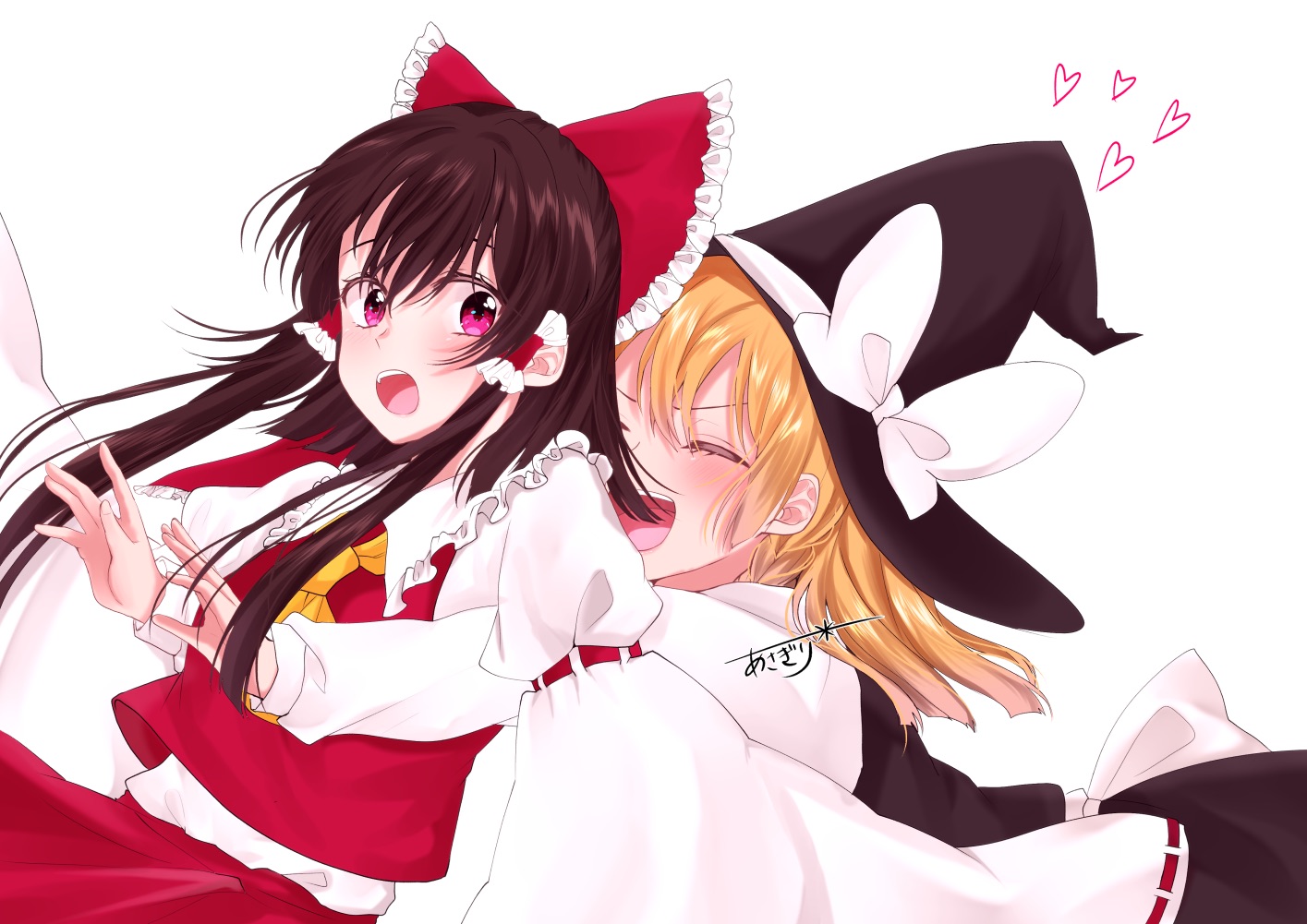 asagiri rin, hakurei reimu, kirisame marisa, touhou, commentary request, 2girls, artist name, ascot, black hat, black skirt, black vest, blonde hair, blush, bow, braid, brown hair, closed eyes, detached sleeves, frilled bow, frilled hair tubes, frills, hair bow, hair tubes, hat, hat bow, heart, hug, hug from behind, long hair, long sleeves, multiple girls, open mouth, pink eyes, red bow, red skirt, ribbon-trimmed sleeves, ribbon trim, side braid, single braid, skirt, skirt set, smile, vest, white bow, witch hat, yellow ascot